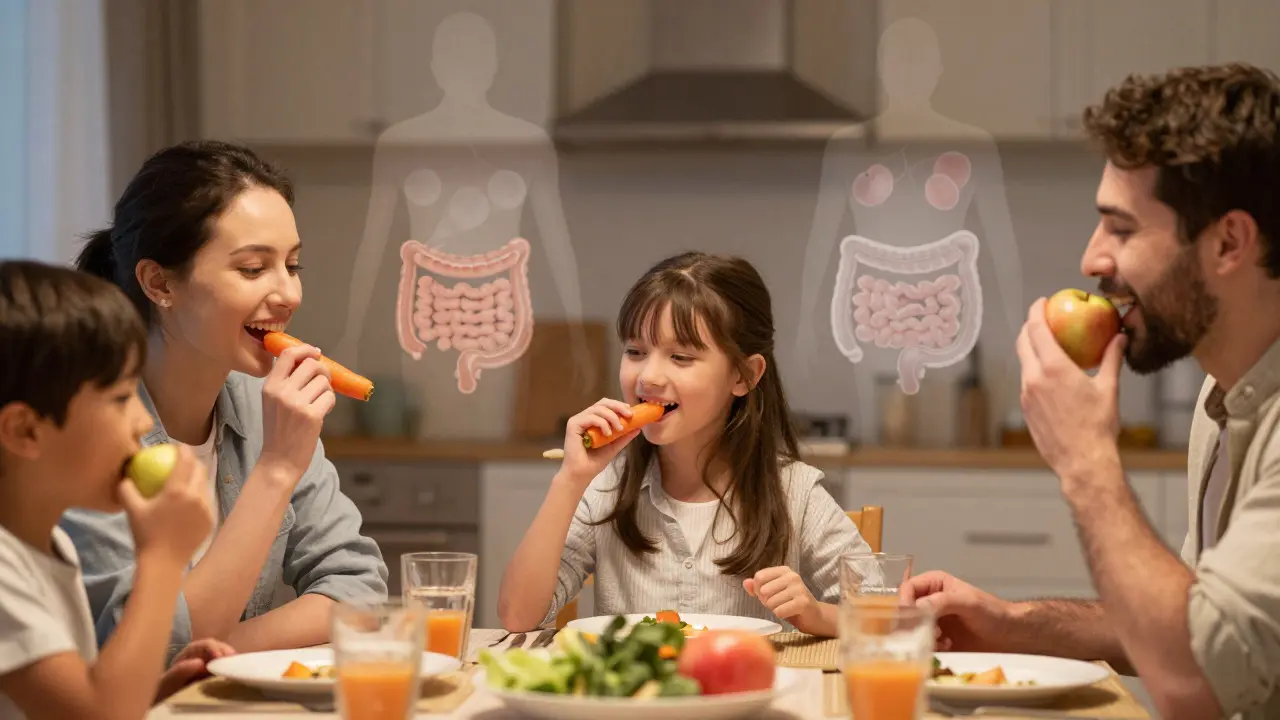 Rodina pomalu žvýká tvrdé potraviny, všichni se usmívají v teplém světle.