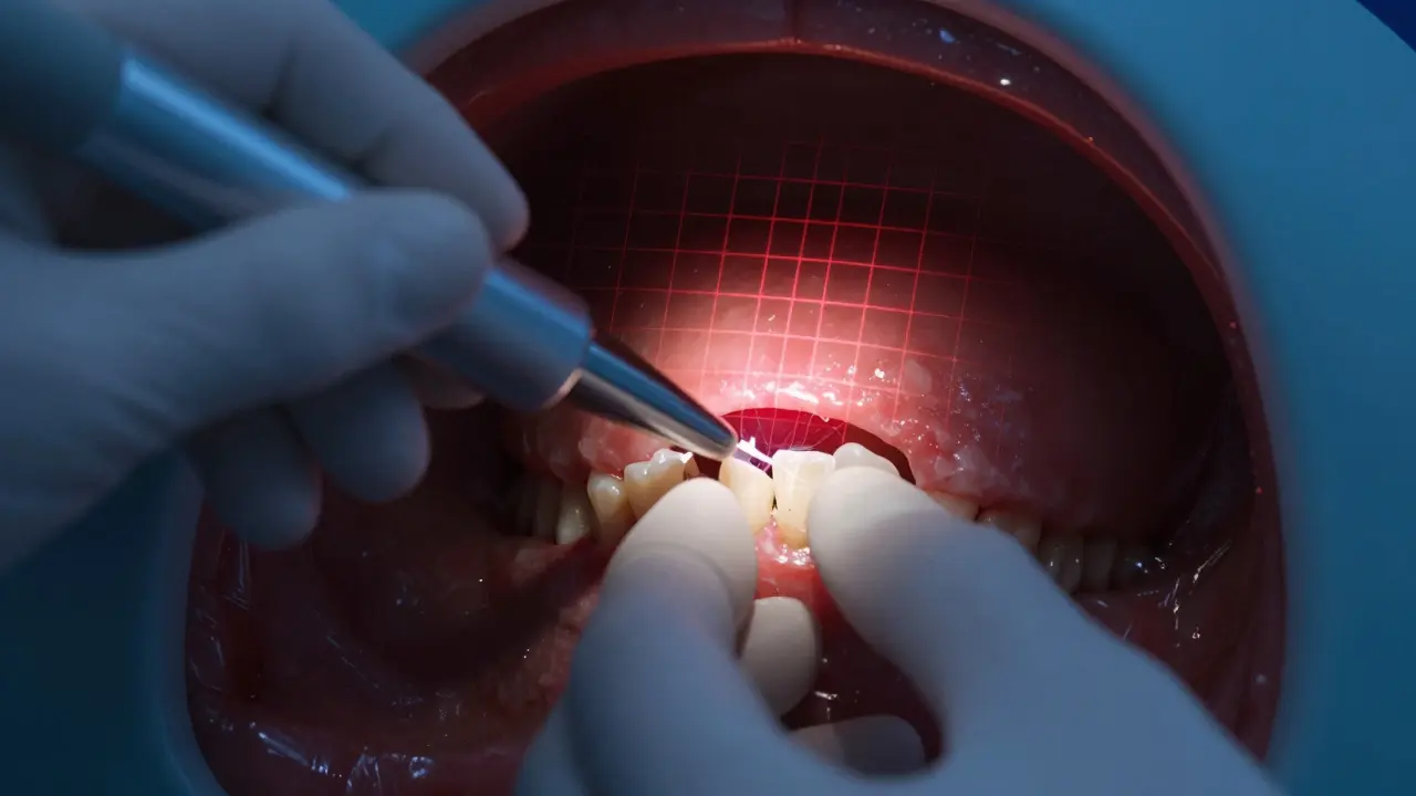 Rozštěpený zub s laserovým skenerem zobrazujícím vnitřní poškození.