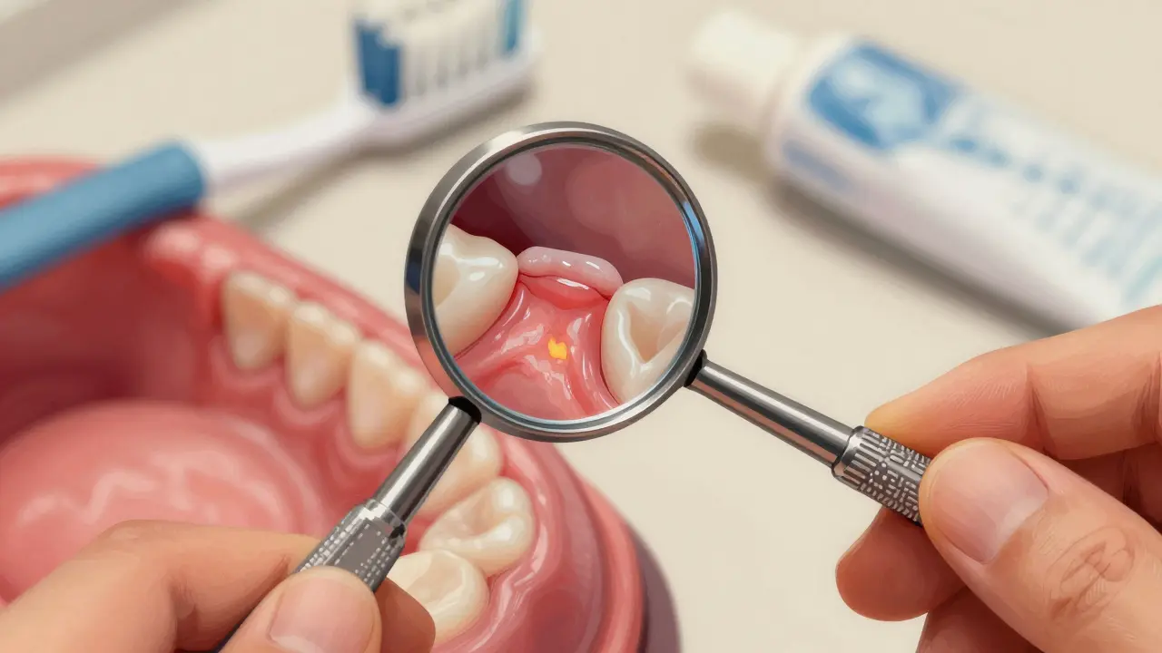Ruka drží dentální zrcátko, které odráží červené a zánětlivé dásně.
