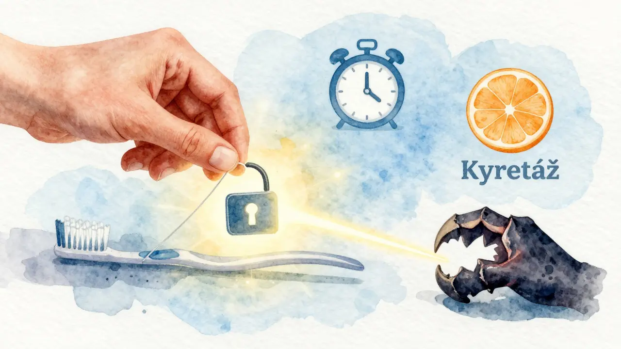 Ruka klade zubní nit do zámku, symbolizujícího prevenci kyretáže.