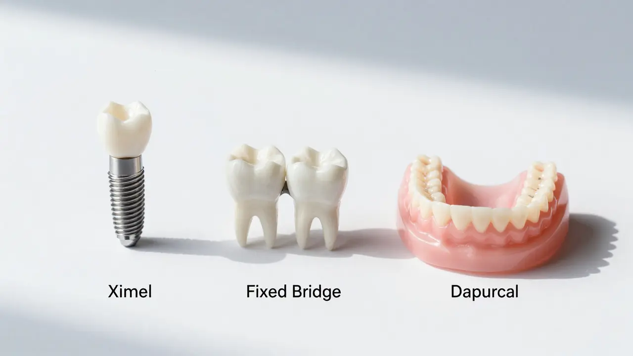 Side-by-side comparison of three tooth replacement options: implant, dental bridge, and removable denture.