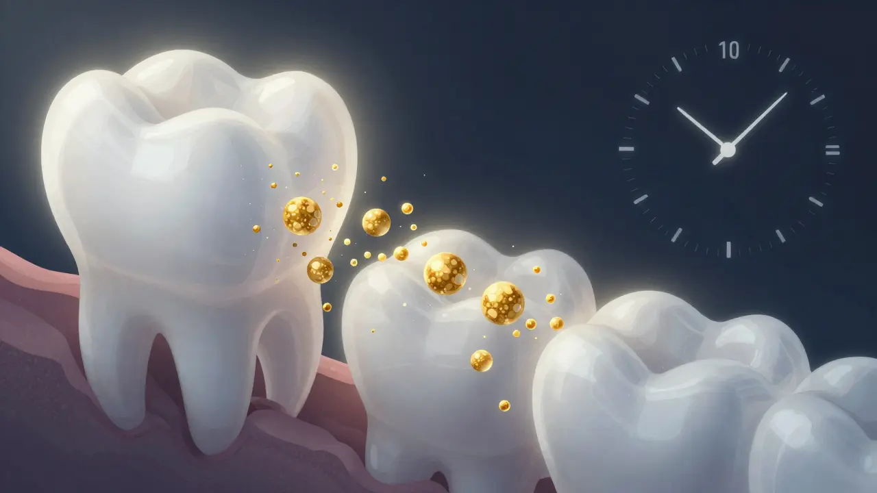Sliny obnovují zubní sklovinku minerály během 30 minut po jídle – abstraktní vědecká představa.