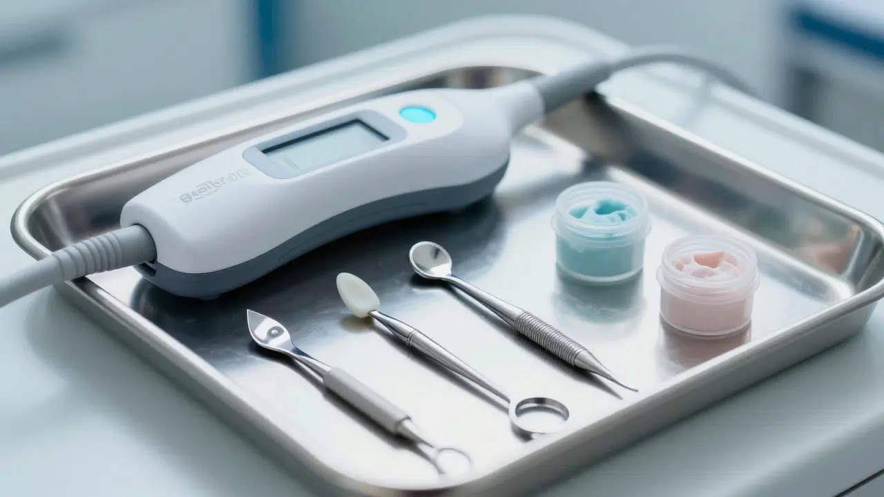 Soubor moderních zubotechnických nástrojů na sterilním podložce.