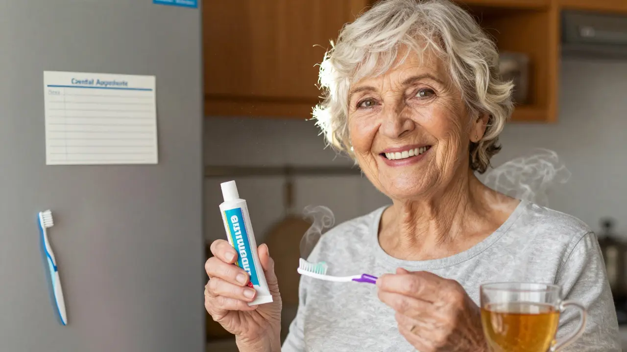 Starší žena v kuchyni s toothbrushem a připomínkou návštěvy zubaře na lednici.