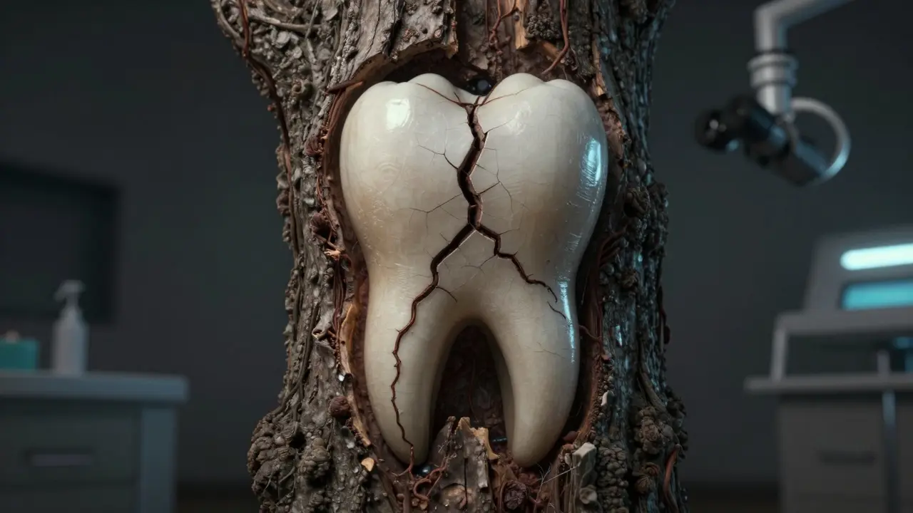 Trhlina v zubě, kde se skryté bakterie šíří jako houby v dřevě.