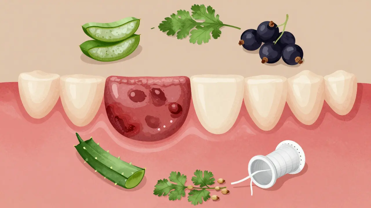 Zdravé a zánětlivé dásně s přirozenými léčivými látkami kolem.