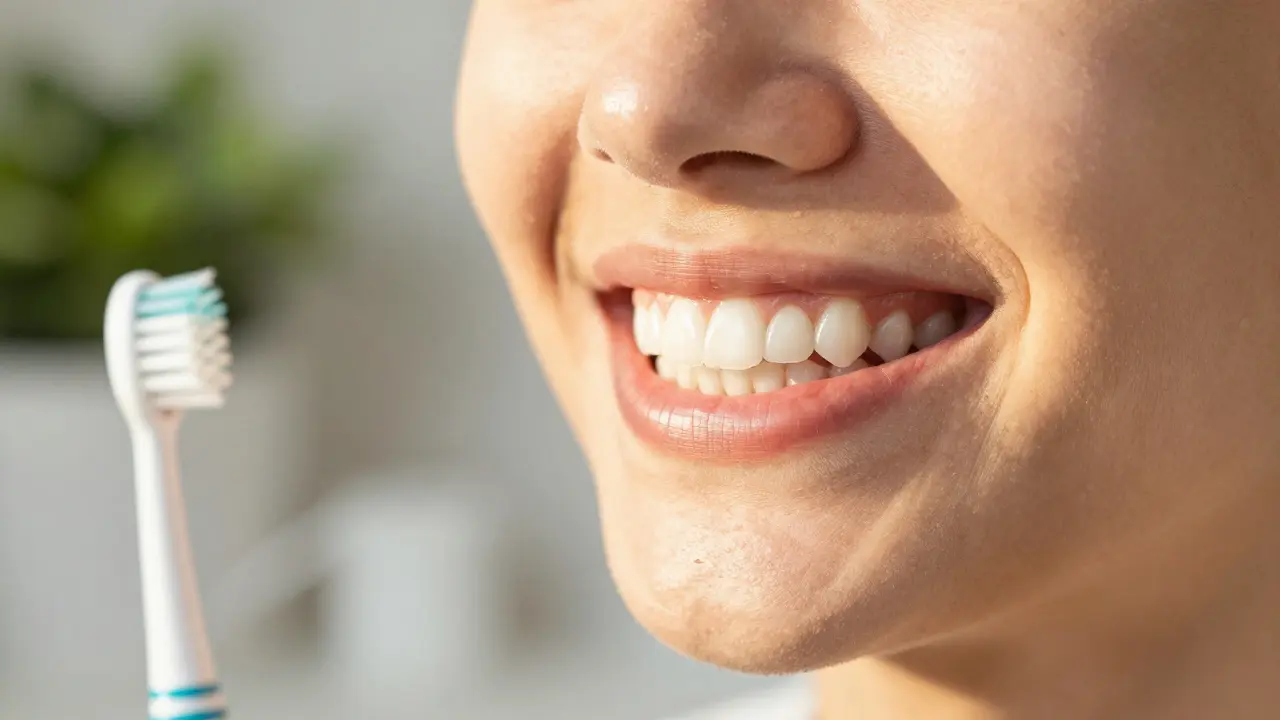 Zdravý úsměv s hygienickými potřebami v pozadí