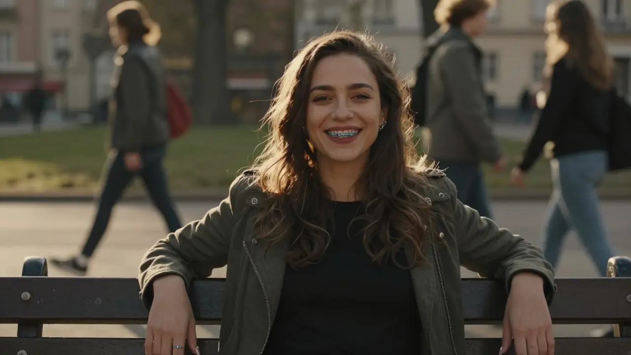 Žena široce usmívaná v parku s kovovými zubními rovnátky, sluneční světlo září na její úsměv.