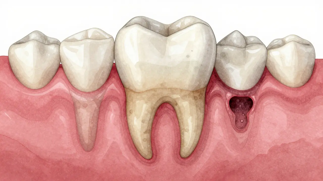 Zub postupně ztrácí kostní podporu, dásně se stahují a vznikají hluboké kapsy.