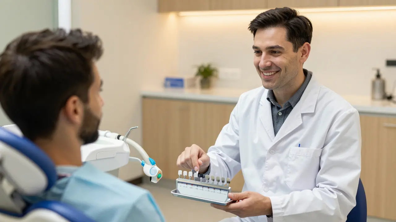 Zubař vysvětluje pacientovi možnosti léčby v ordinaci.