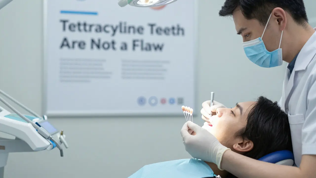 Zubní lékař v klinice ukazuje keramickou vložku pacientovi, klidná atmosféra v ordinaci.