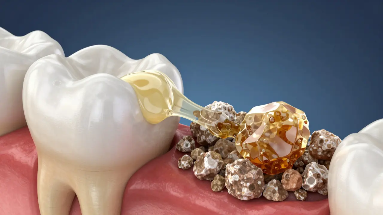 3D ilustrace procesu mineralizace plaku v tvrdý zubní kámen