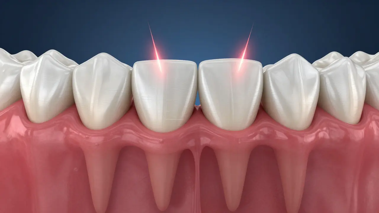 3D medicínský model předních zubů znázornující zánět dásní a tlak.