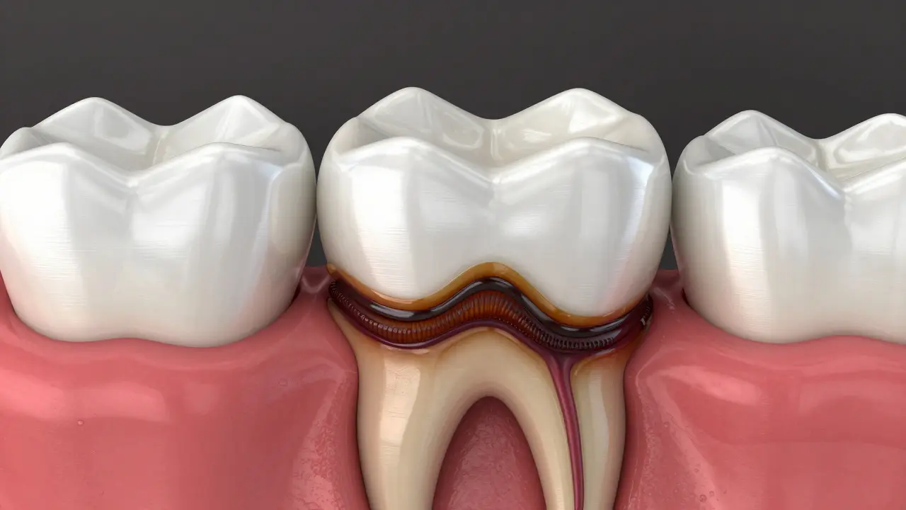 3D průřez zubu znázornující sekundární kazu pod keramickou korunkou.