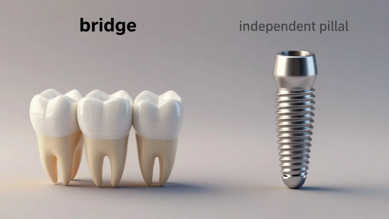 3D srovnání zubního můstku opřeného o sousední zuby a samostatného implantátu.