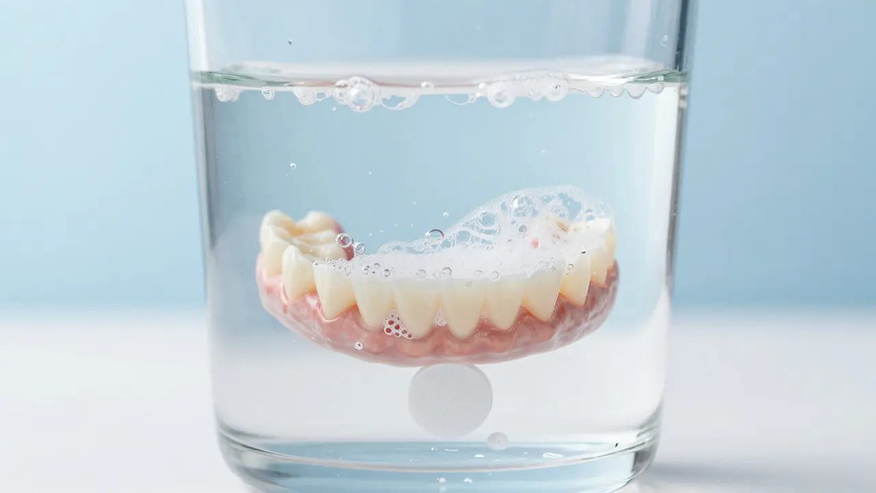 Dentální protéza v glassu s rozpouštěcí čisticí tabletou a bublinkami.