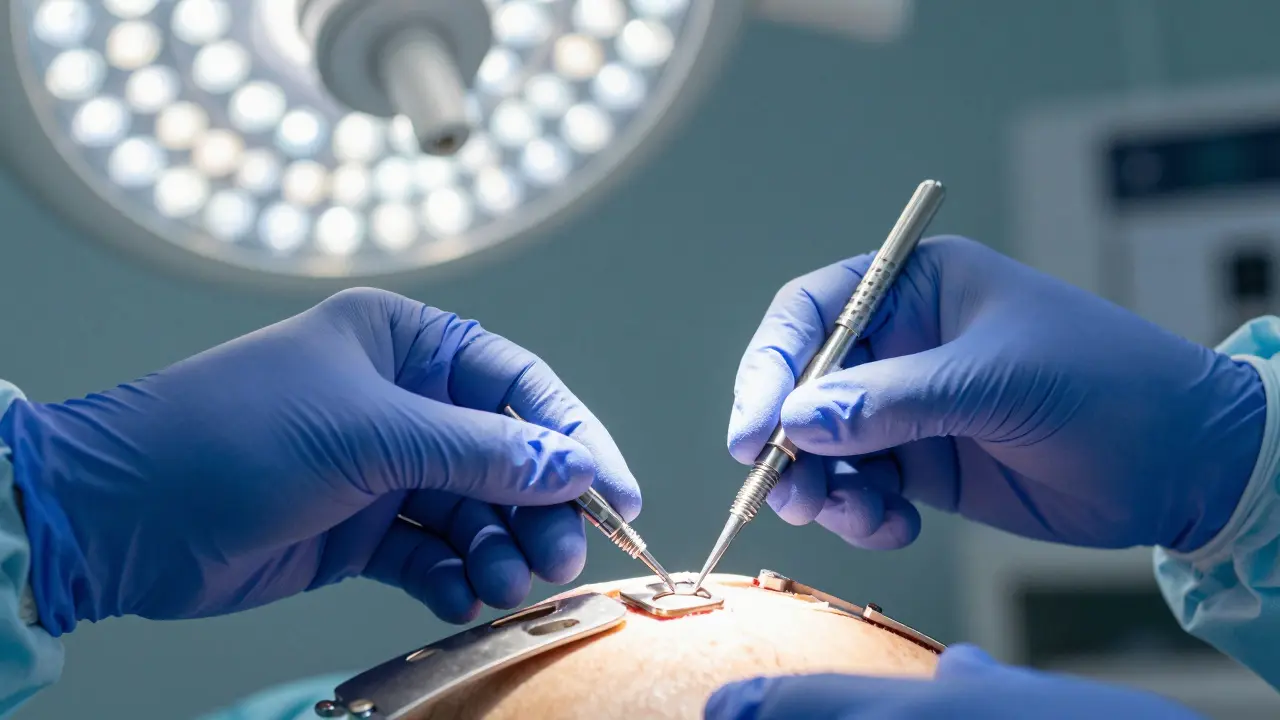 Detail chirurgické ruky upevňující titanový implantát na kost