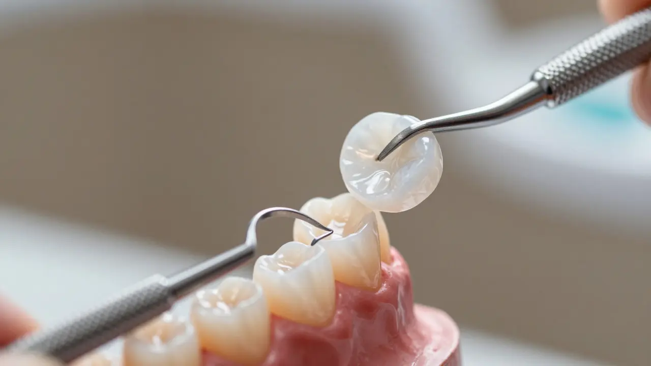 Detail keramické faseti držené nástrojem, znázornující precizní architekturu úsměvu.