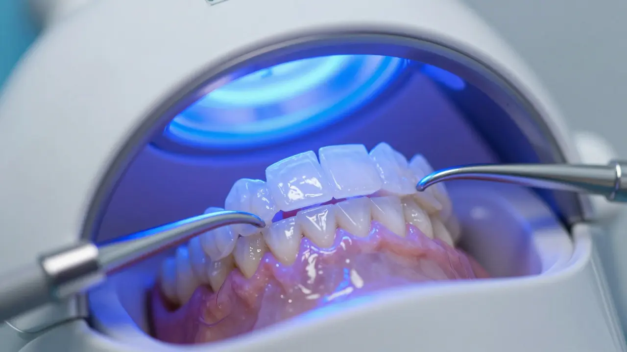 Detailní pohled na profesionální bělení zubů s modrým LED svícením a bělicím gelem.