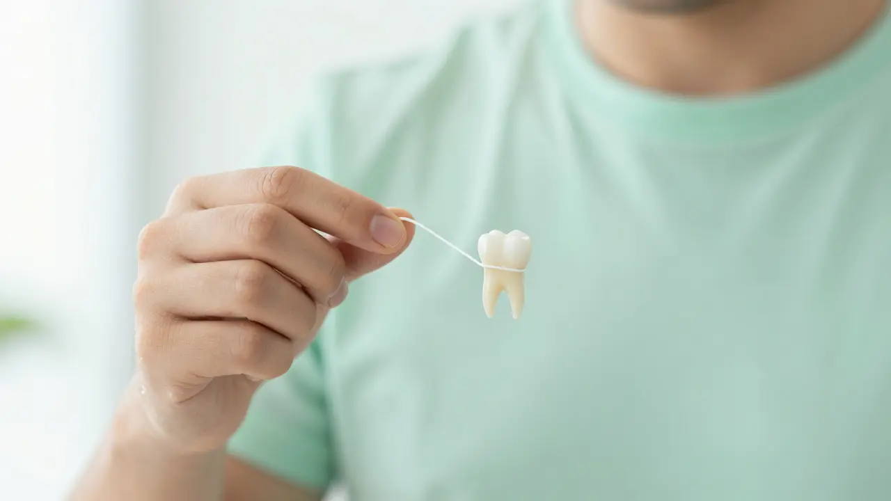 Detailní záběr na správné používání zubní nitě u zubní korunky.