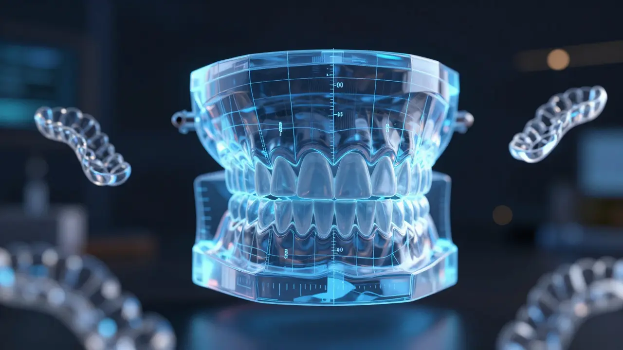 Digitální 3D model čelistí s průhlednými alignery a technologickými měřidly.