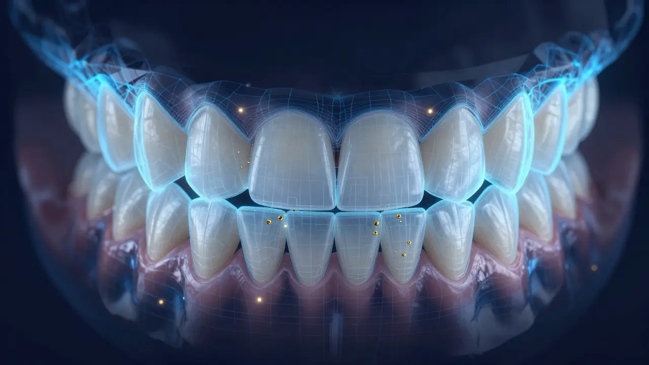 Digitální 3D vizualizace správného kontaktu zubů při návrhu keramických fazet.