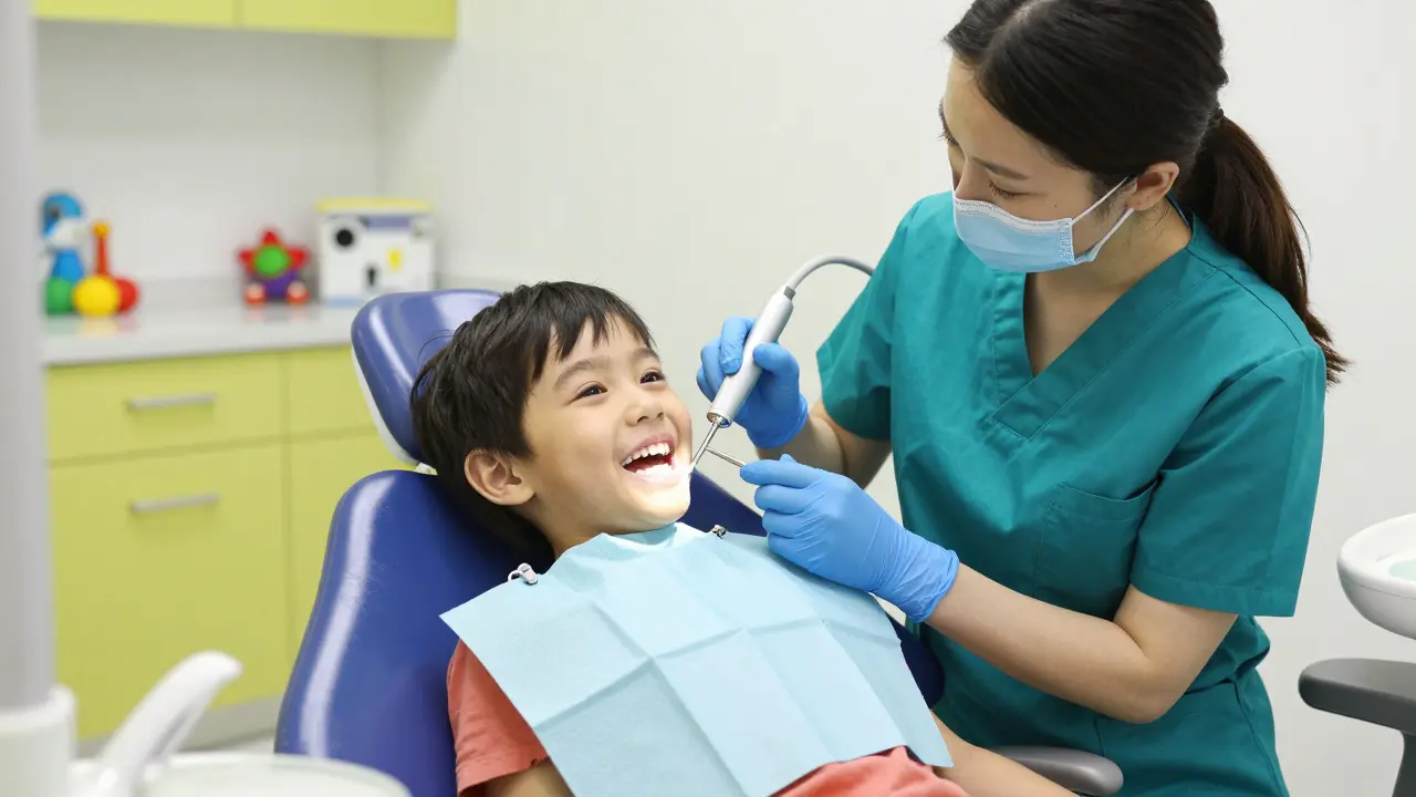 Dítě při profesionálním čištění zubů u zubního hygienika