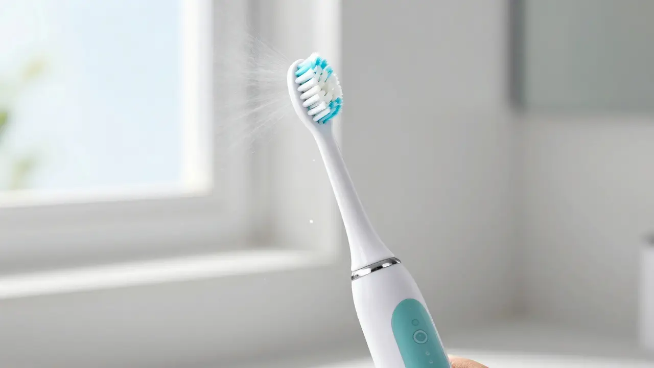 Elektrický sonický kartáček čistící zuby pod úhlem 45 stupňů v bright moderní koupelně.