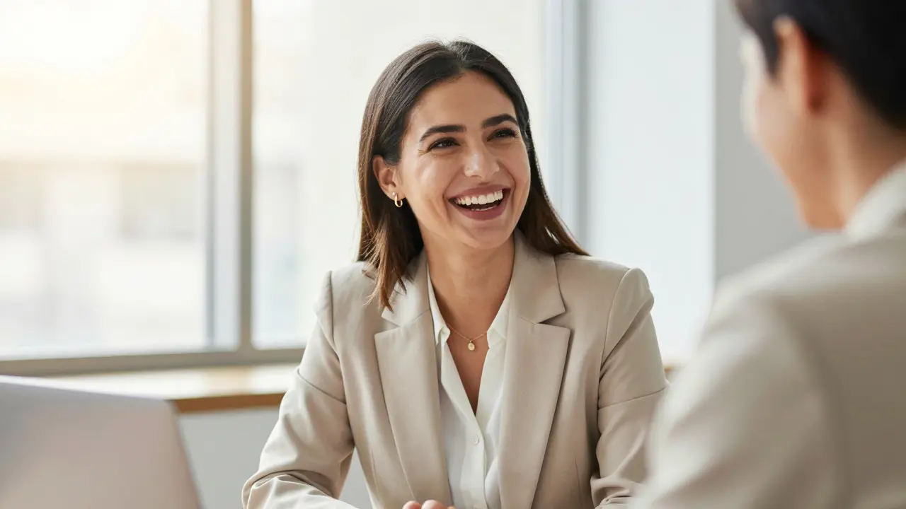 Kňupající sebevědomá žena s harmonickým a zdravým úsměvem v kanceláři.