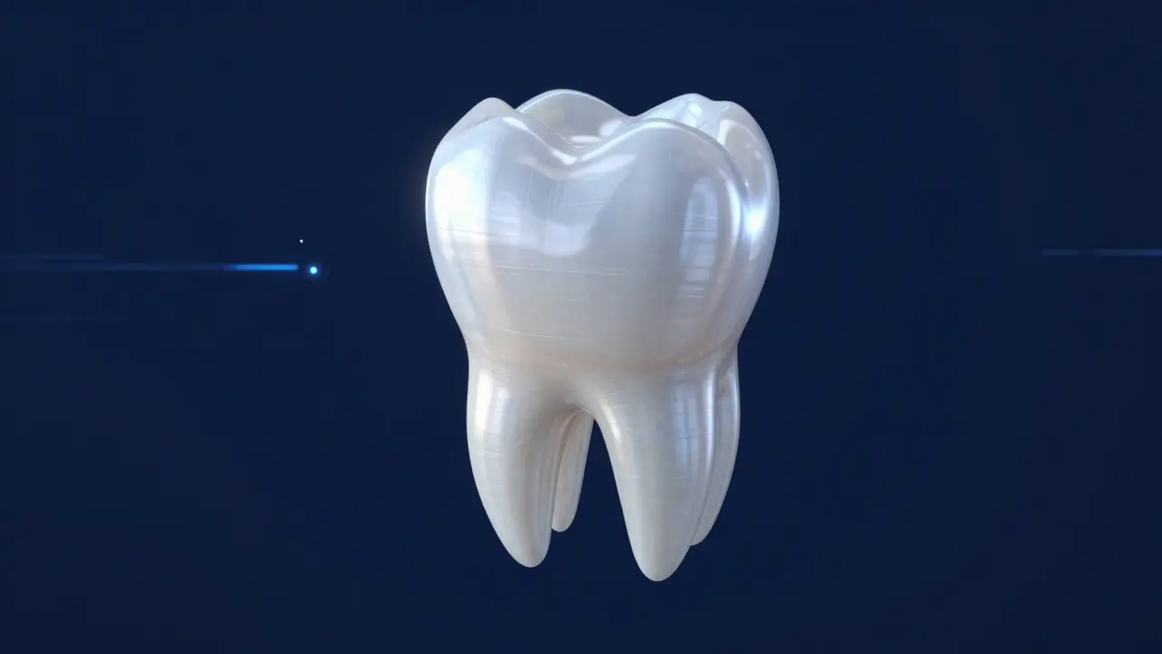 Konceptuální 3D model znázornující aplikaci ochranné vrstvy fasety na zub.
