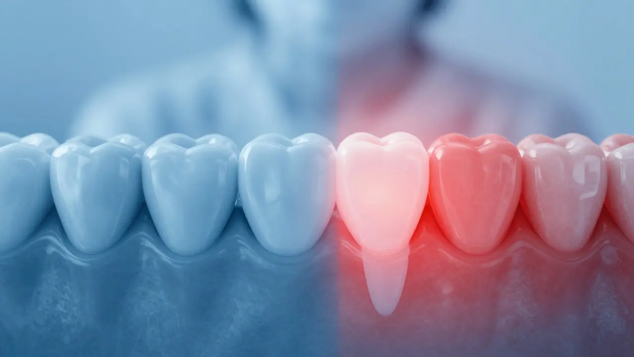Konceptuální znázornění správného hojení dásní versus zánětu s varovnými signály.