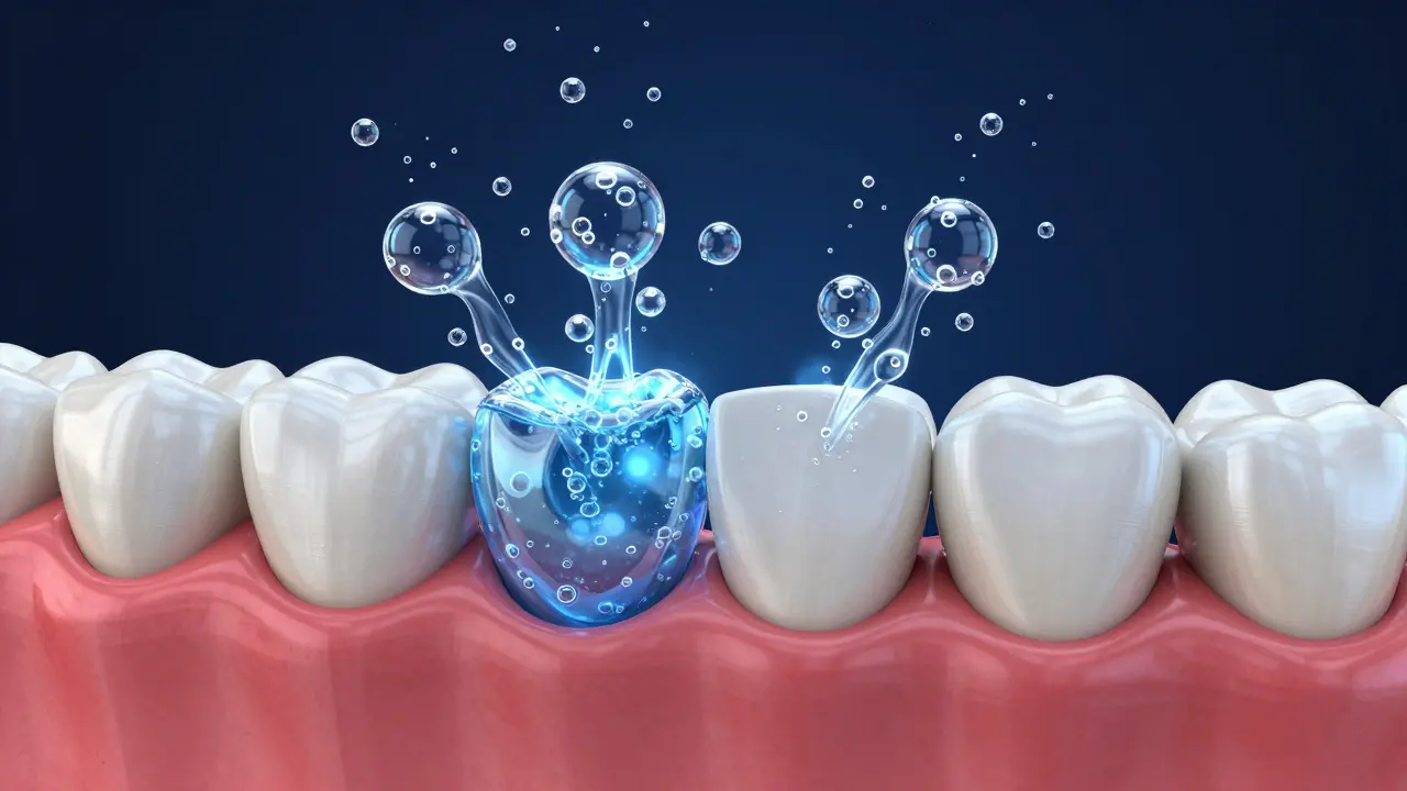 Konceptuální zobrazení mikrobublinek čistící mezery mezi zuby pomocí soniky.