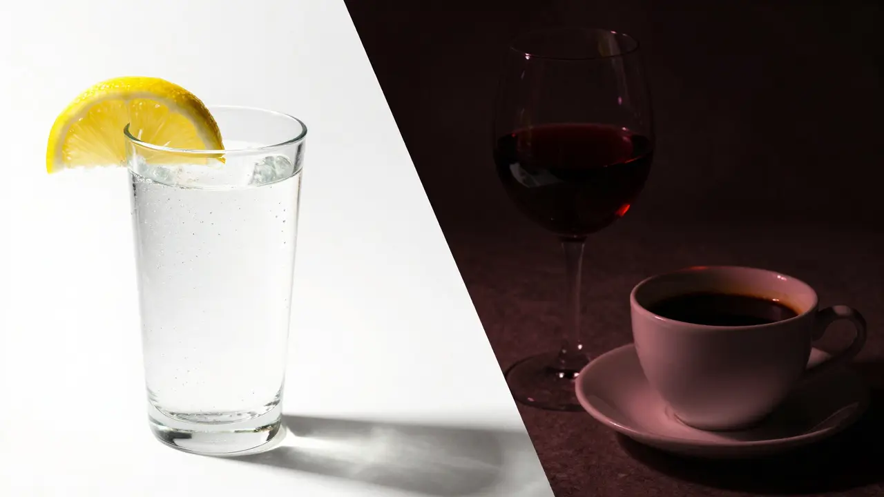 Kontrast mezi sklenicí vody s citronem a tmavou kávou s červeným vínem.