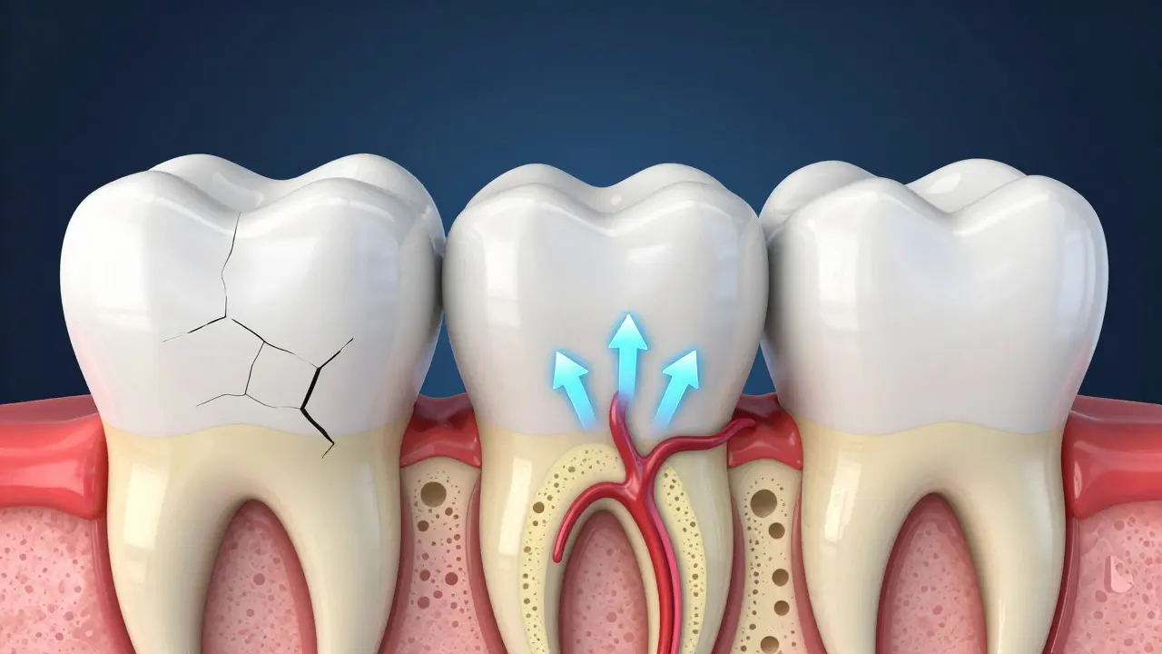 Křízový řez zubu znázornující přenos bolesti z dentinu k nervu