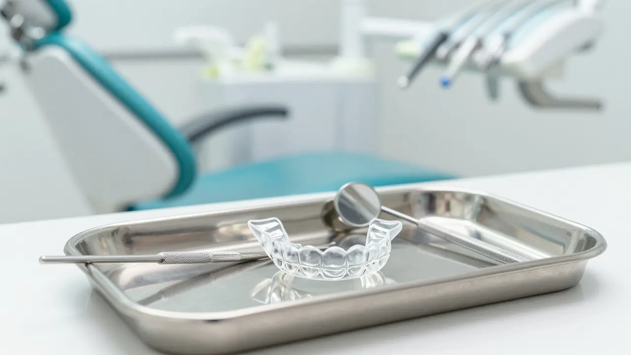 Noční dlaha na sterilním zásobníku v moderní zubní ordinaci.