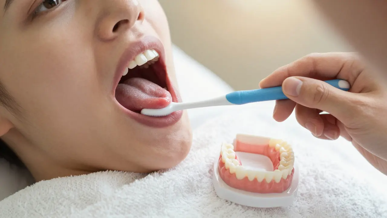 Péče o dásně a sliznice po vyjmutí nasazovacích zubů na noc.