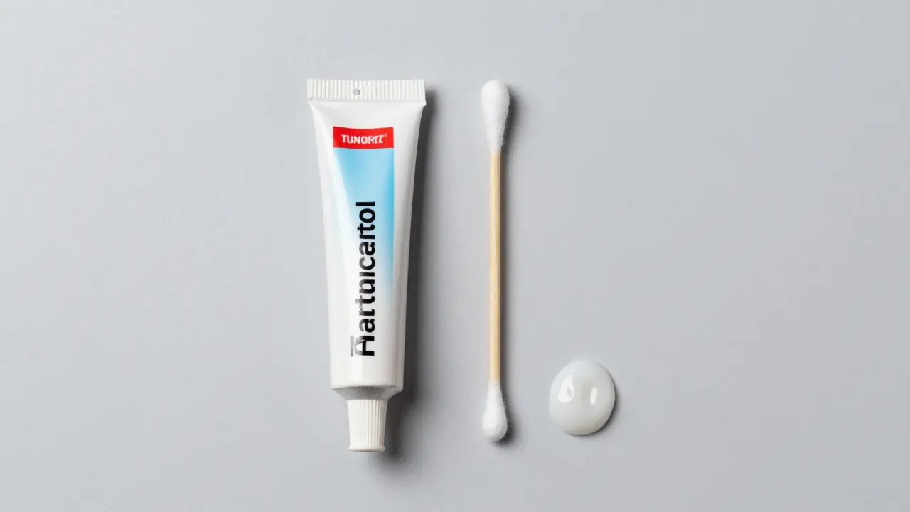 Provizorní zubní cement z lékárny a vatový tampon na šedém pozadí.