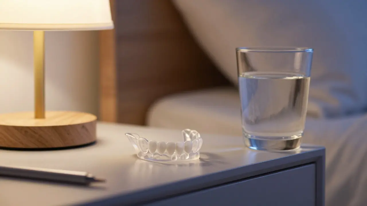 Průhledná ochranná noční šina na nočním stolku protiv bruxismu.