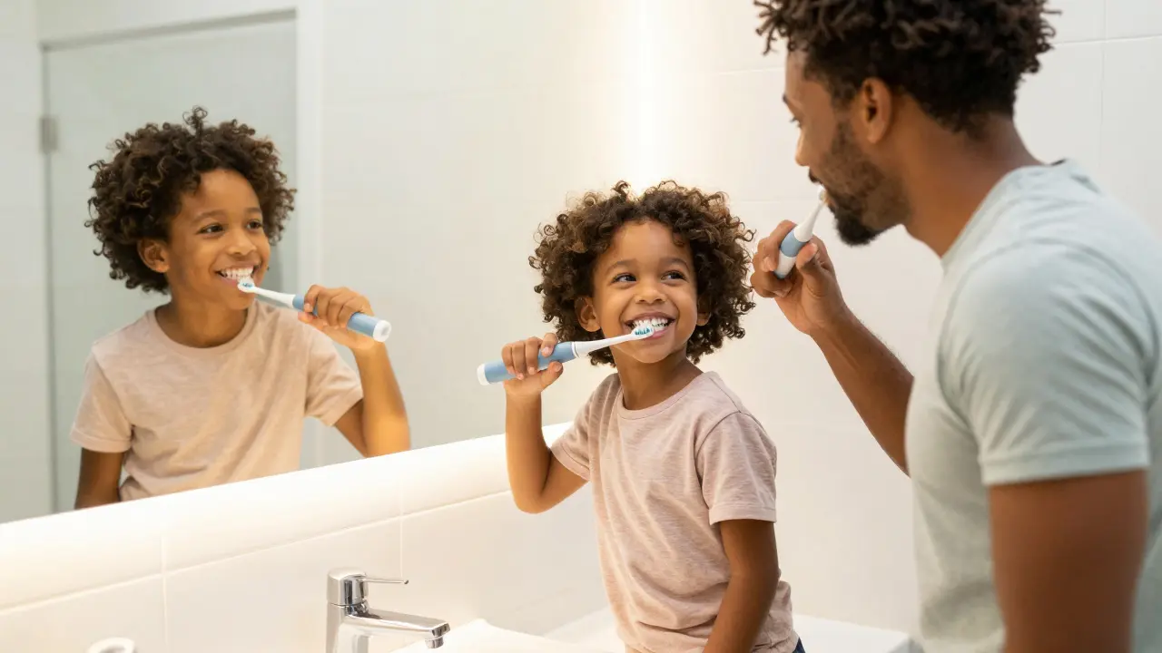Rodic a dítě se společně a radostně čistí zuby sonickými kartáčky v koupelně.