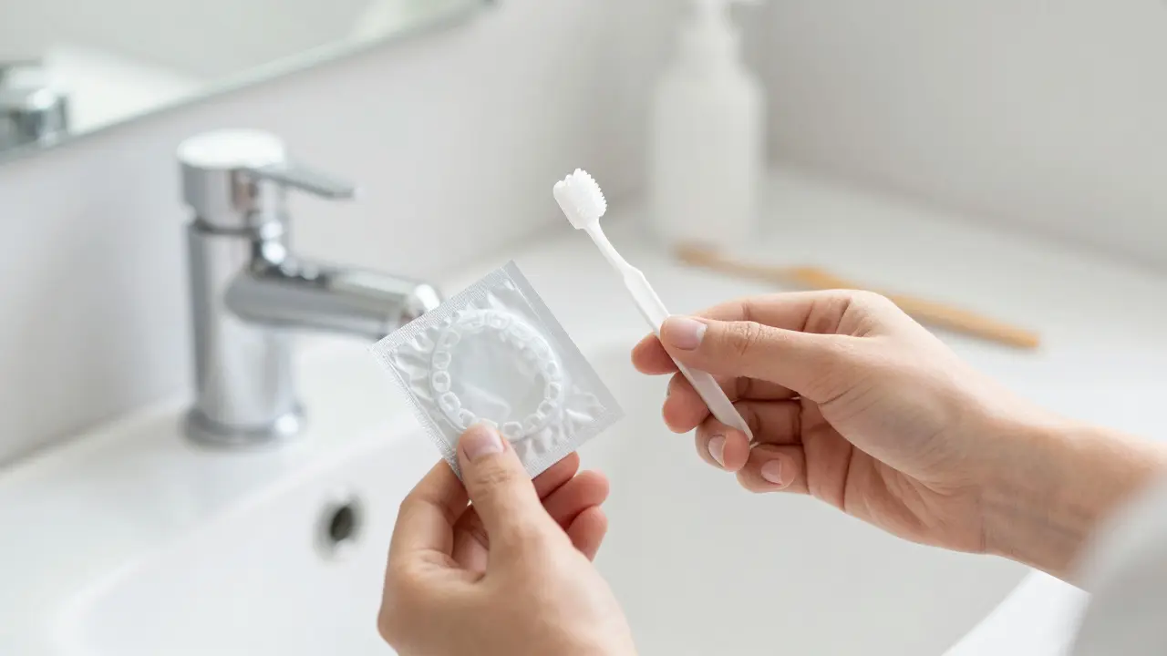 Ruka s balíčkem interdentních gumiček v koupelně.