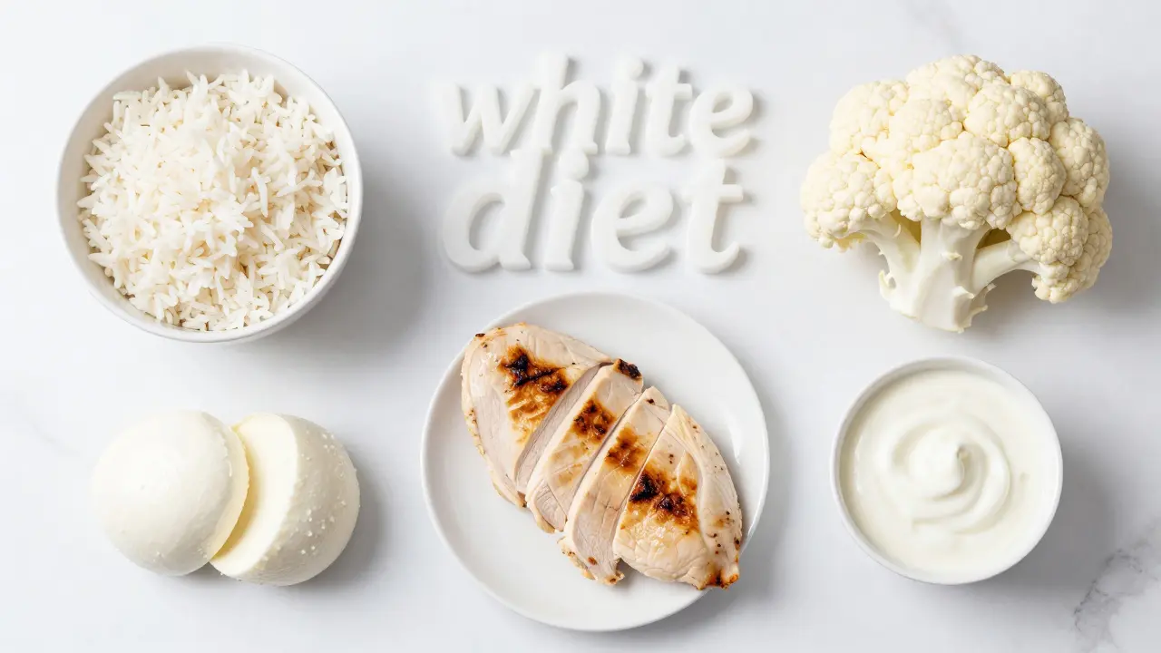 Sestava potravin bílé diety: rýže, kuřecí maso, mozzarella a květák.