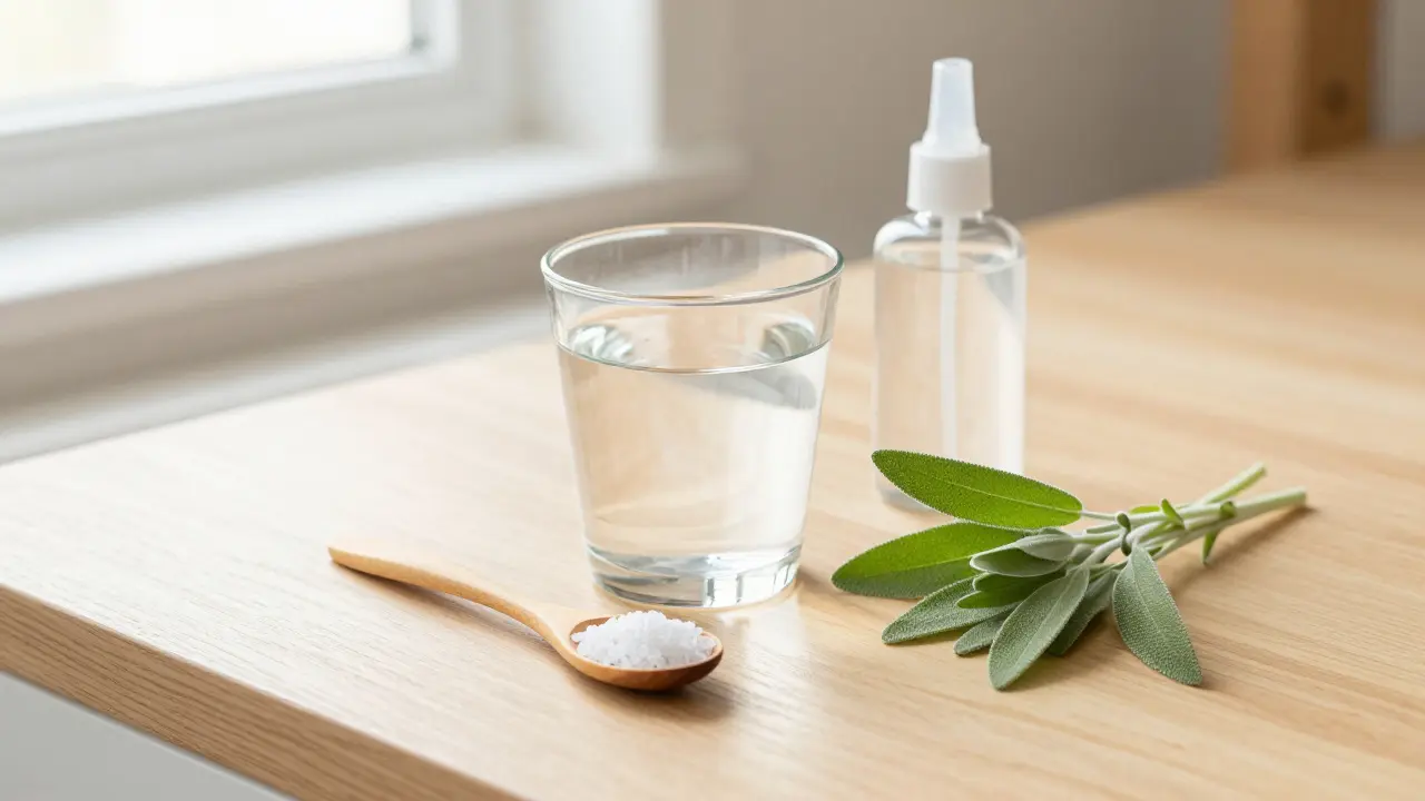 Sklenice slané vody, čerstvá šalvěj a ústní výplachy na stole.