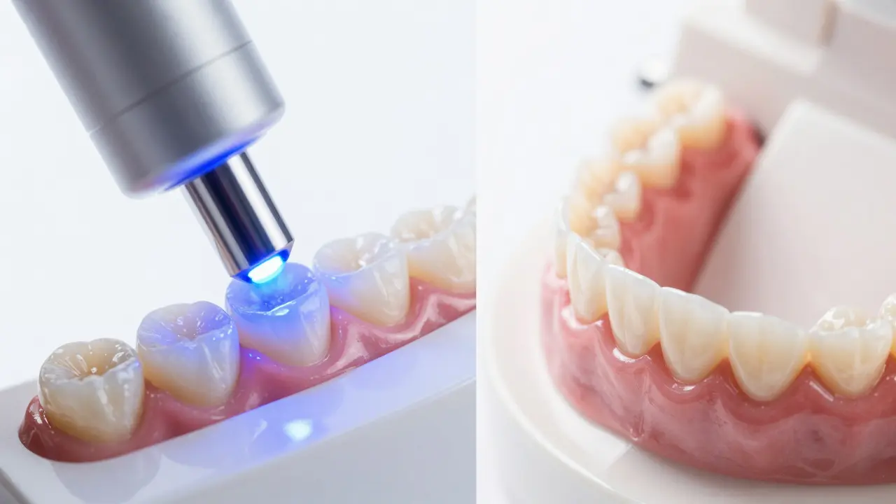 Srovnání procesu polymerizace kompozitu modrým světlem a porcelánové faseti.