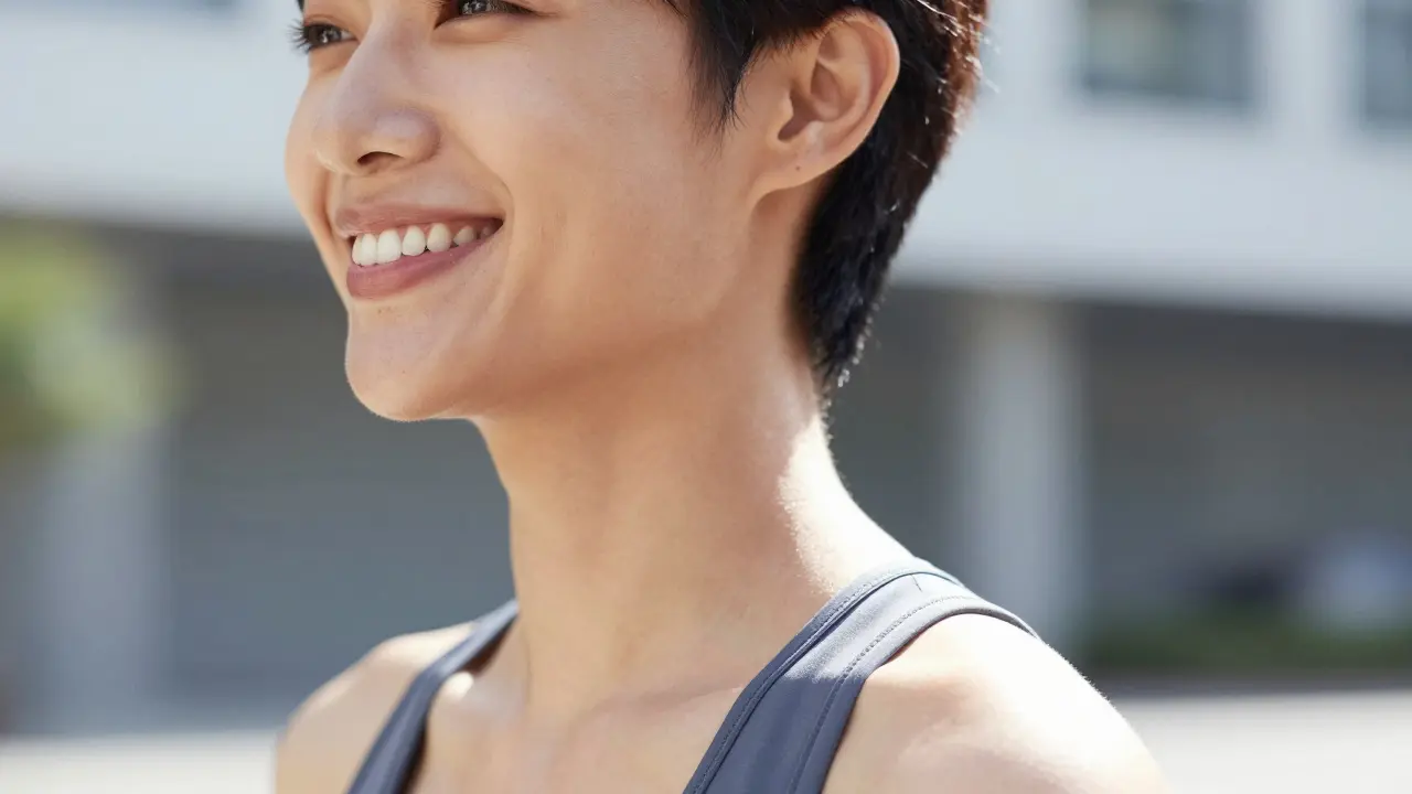 Šťastná osoba s harmonickým profilem obličeje a sebevědomým úsměvem.