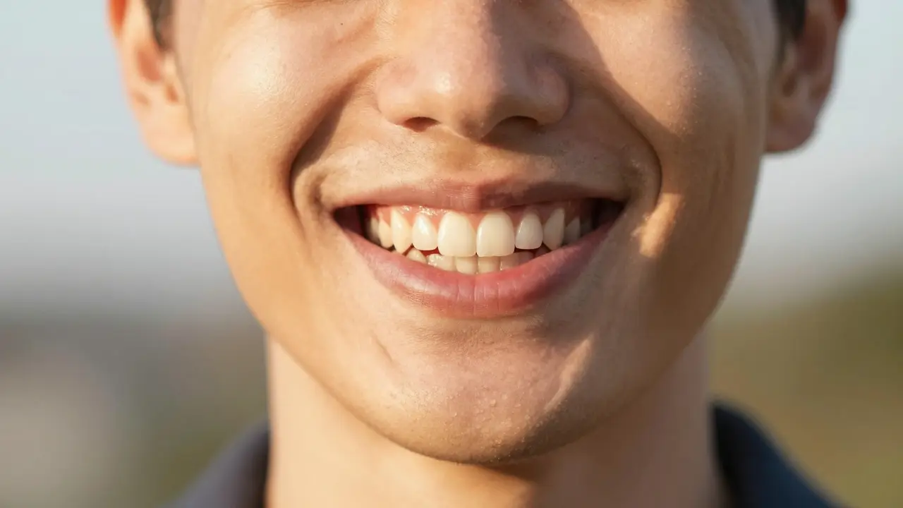 Šťastný člověk s přirozeně bílým a rovným úsměvem po aplikaci faset.