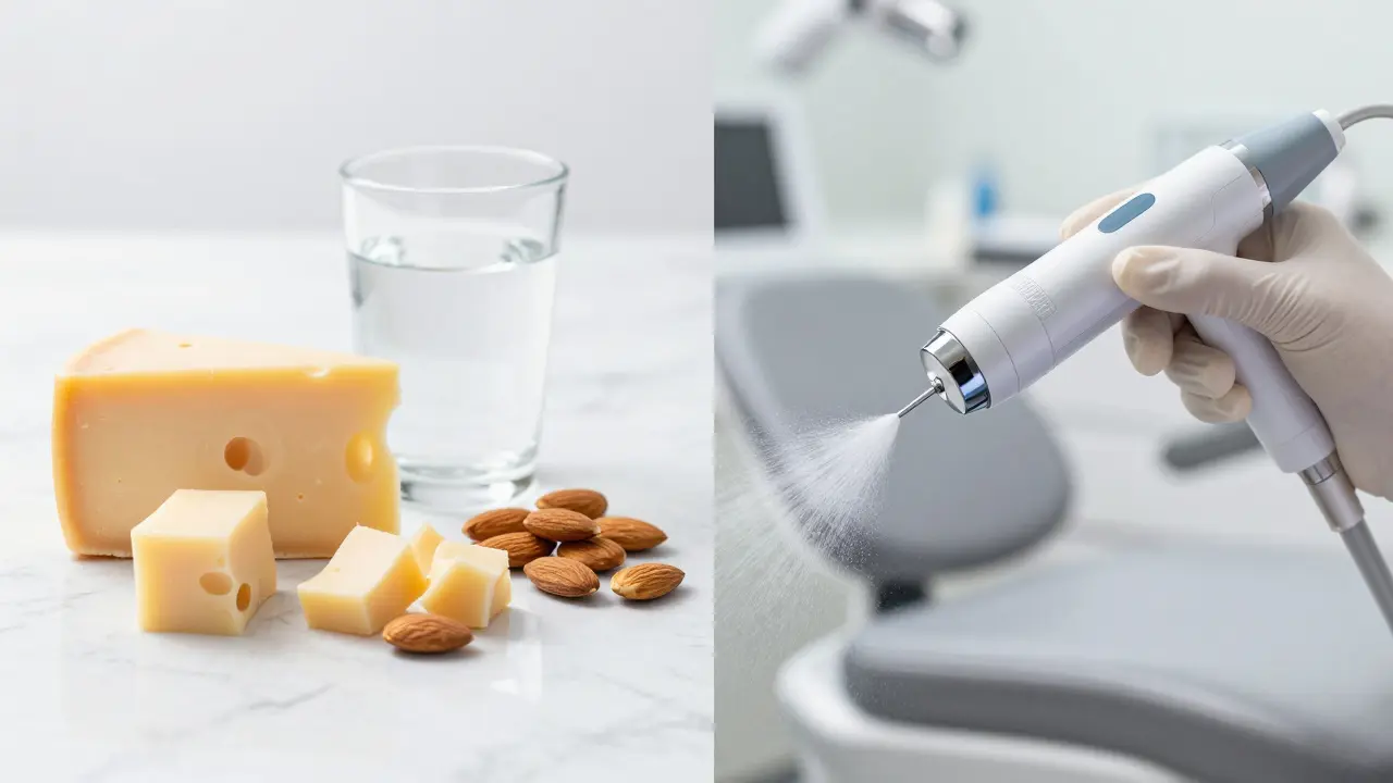 Sýry a mandle vedle profesionálního zubního nástroje pro čištění zubního kamene.