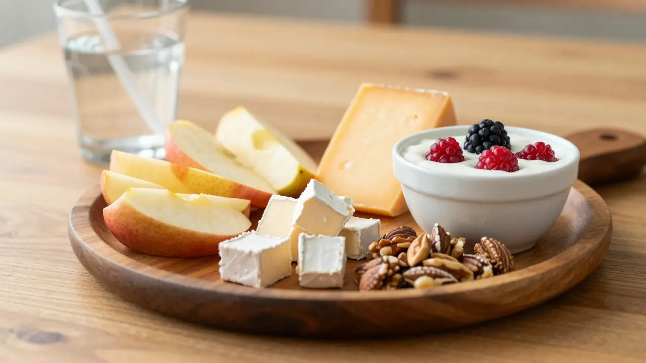 Talíř s bezpečným jídlem pro lidi s rovnátkama, včetně nakrájeného jablka a sýrů.