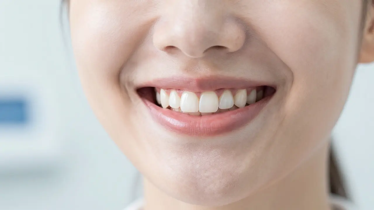 Úsměv člověka s dokonale doplněnými zuby v přirozeném a světlém osvětlení.