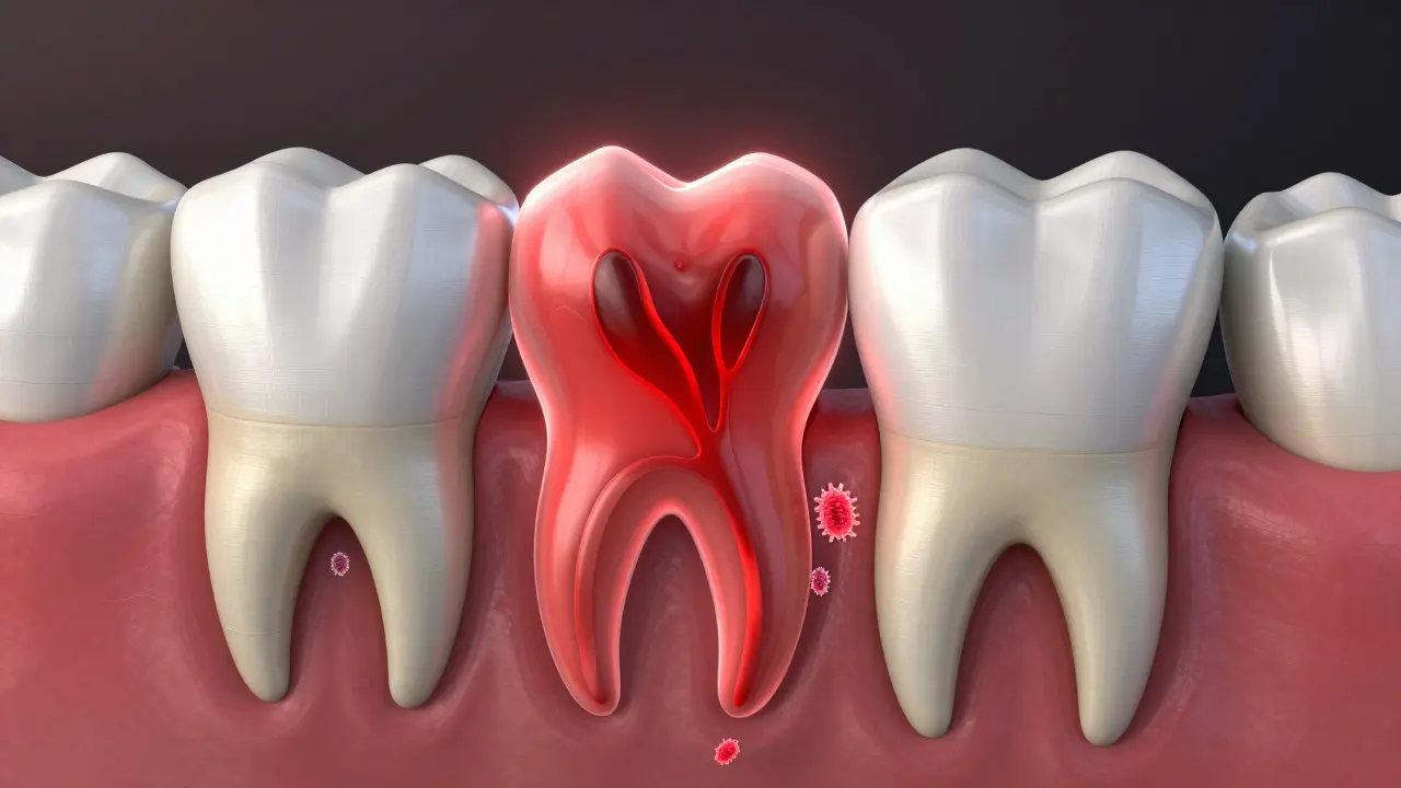 3D vizualizace abscesu a infekce šířící se z kořene zubu do kosti