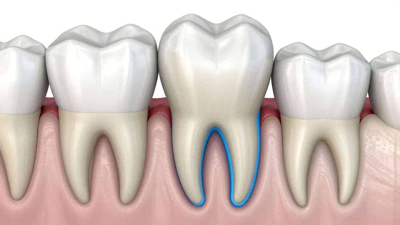 Anatomický model ukazující dlouhý kořen špičáku v čelisti